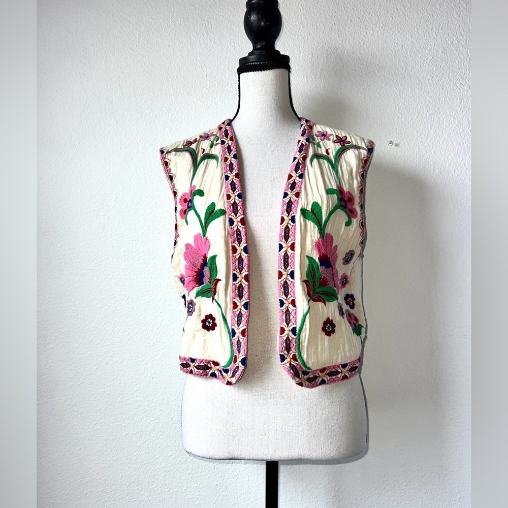 Zara open front embroidered boho vest hippie Medium - Picture 2 of 16